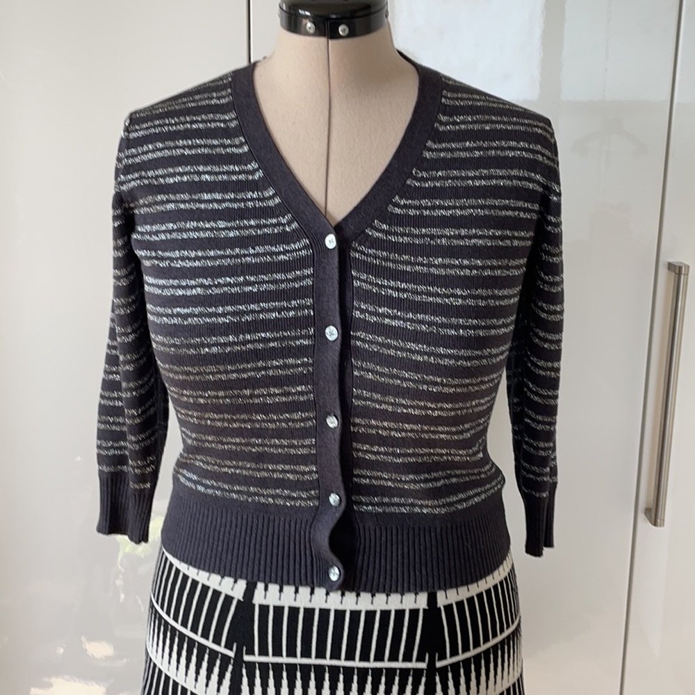 3/50ESPRIT DE CORP Gray Metallic Stripe Cardigan Size-Medium